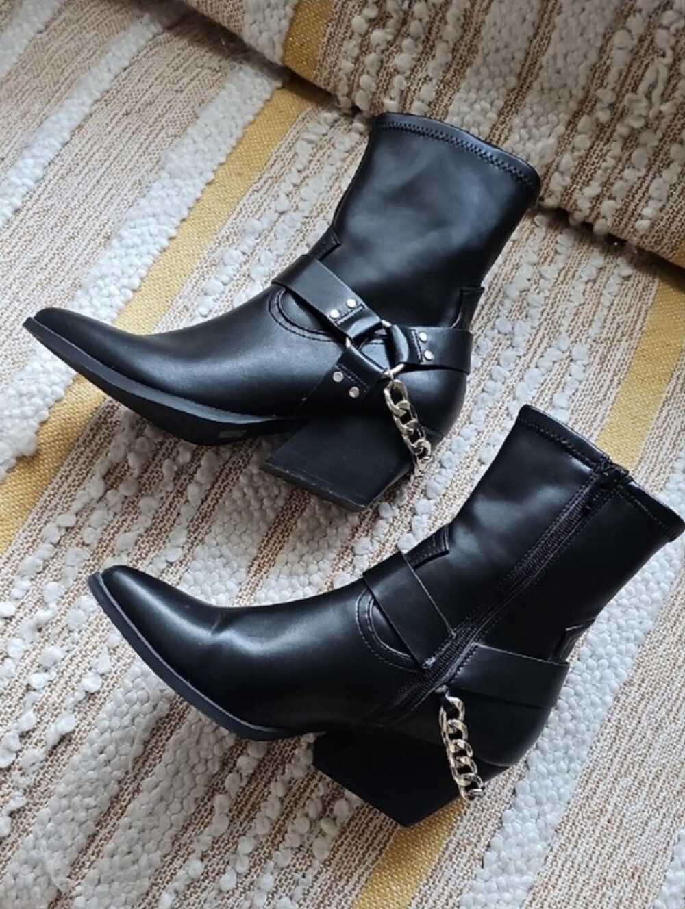 DV by Dolce Vita Keeler Harness Moto Black Chain-Accent Mid-Calf Heeled Boots